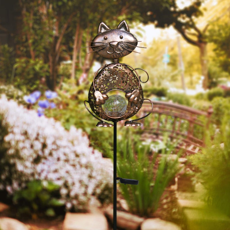 KAIXOXIN Garden Solar Lights Metal Cat Crackle Glass Globe Stake Light Waterproof Warm White LED Solar Path Lights (Cat-Bronze) - Image 2
